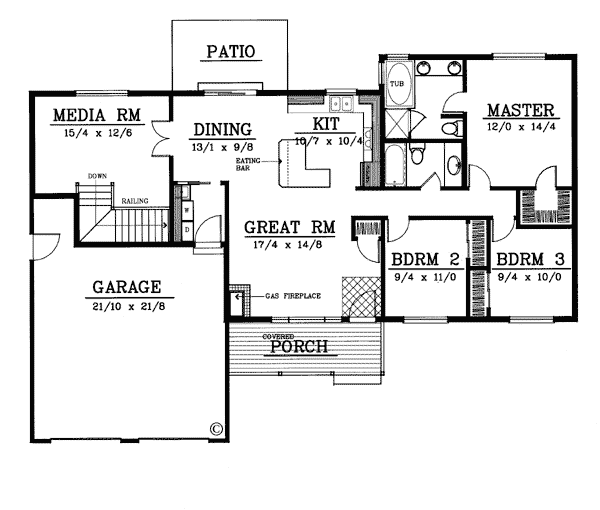 Country Farmhouse One-Story Ranch Level One of Plan 91833