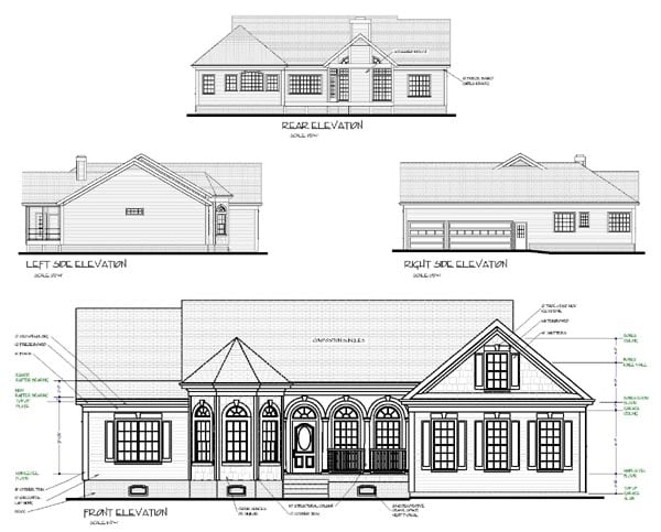 Bungalow European One-Story Ranch Traditional Rear Elevation of Plan 92427