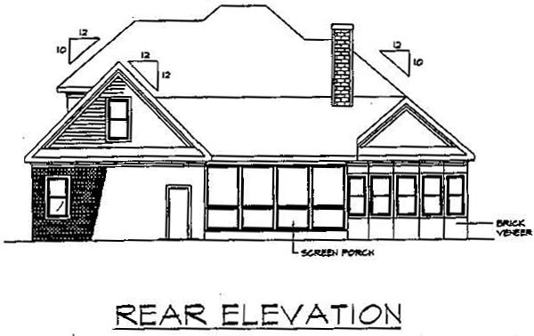 Bungalow, European Plan with 2470 Sq. Ft., 4 Bedrooms, 4 Bathrooms, 3 Car Garage Rear Elevation