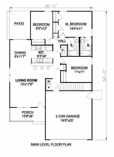 Craftsman House Plan 94472 with 3 Beds, 2 Baths, 2 Car Garage Level One