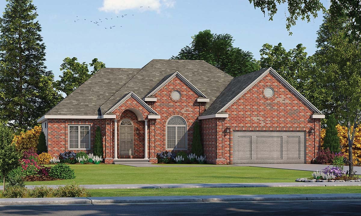 European, Ranch, Traditional Plan with 1911 Sq. Ft., 3 Bedrooms, 2 Bathrooms, 2 Car Garage Elevation