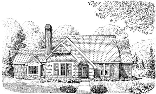 Cottage, Craftsman, One-Story Plan with 1667 Sq. Ft., 3 Bedrooms, 2 Bathrooms, 2 Car Garage Elevation