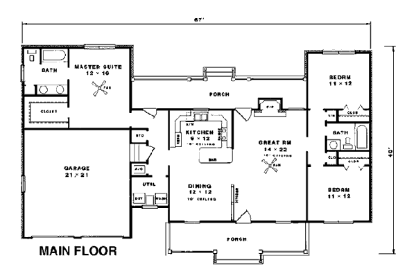 Country One-Story Ranch Level One of Plan 96516