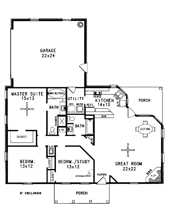 Country One-Story Ranch Level One of Plan 96522