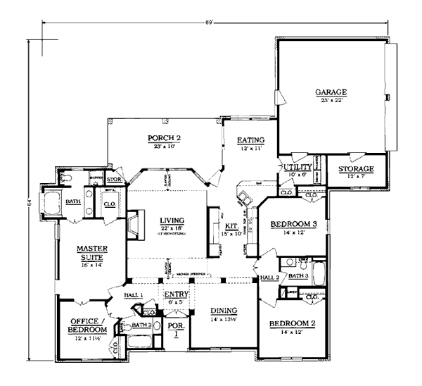 European House Plan 96539 with 4 Beds, 3 Baths, 2 Car Garage Level One