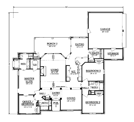 European House Plan 96539 with 4 Beds, 3 Baths, 2 Car Garage First Level Plan
