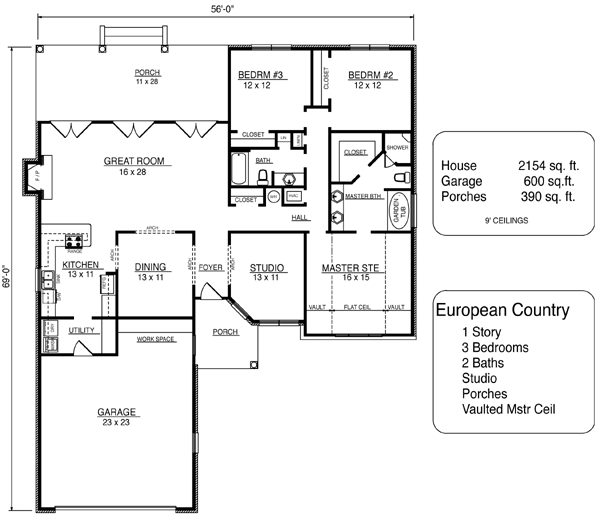 Country European One-Story Level One of Plan 96709