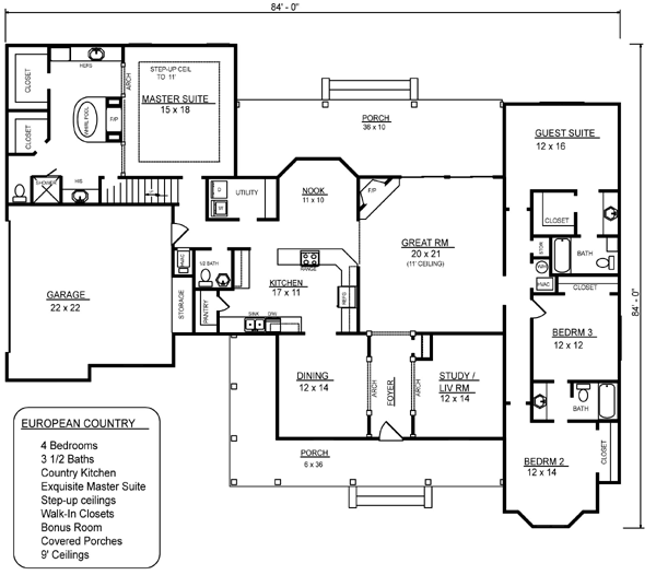 Country European One-Story Level One of Plan 96711