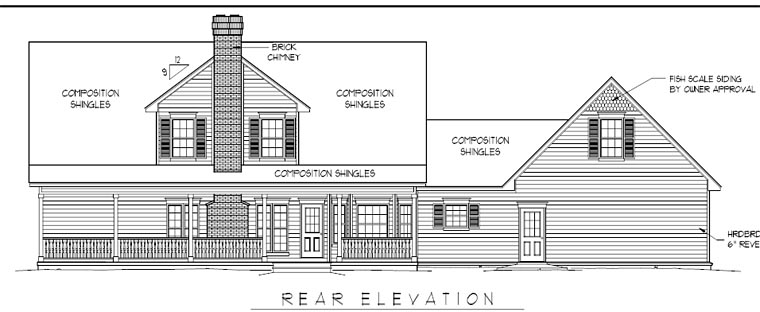 Cape Cod Country Southern Rear Elevation of Plan 96814