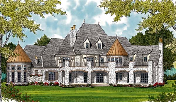 Country, European Plan with 8933 Sq. Ft., 7 Bedrooms, 8 Bathrooms, 3 Car Garage Rear Elevation