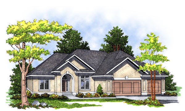 European, One-Story Plan with 2007 Sq. Ft., 3 Bedrooms, 2 Bathrooms, 2 Car Garage Elevation