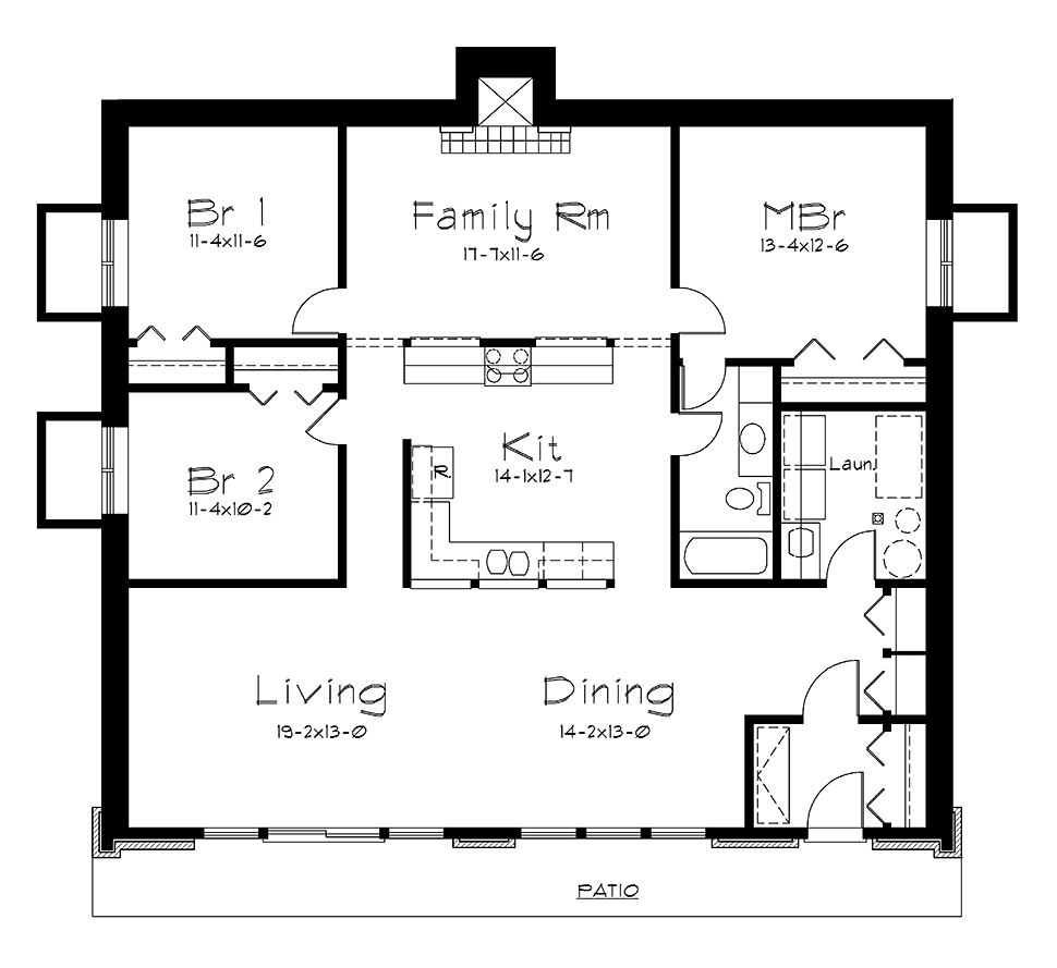 Contemporary, Earth Sheltered, European, French Country, Ranch House Plan 97253 with 3 Beds, 1 Baths Level One
