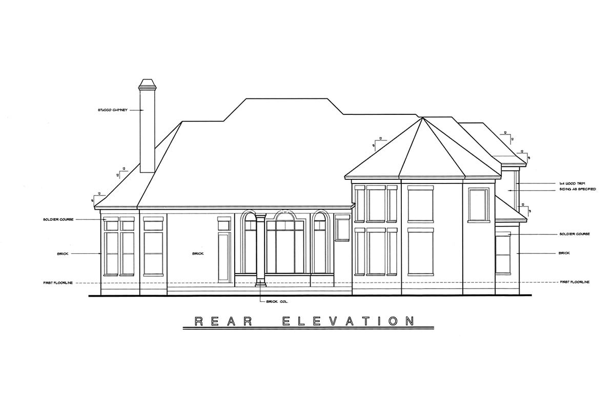 European, Victorian Plan with 3094 Sq. Ft., 4 Bedrooms, 4 Bathrooms, 3 Car Garage Rear Elevation