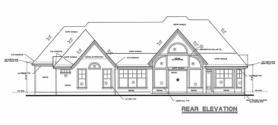 European Plan with 2040 Sq. Ft., 4 Bedrooms, 3 Bathrooms, 2 Car Garage Rear Elevation