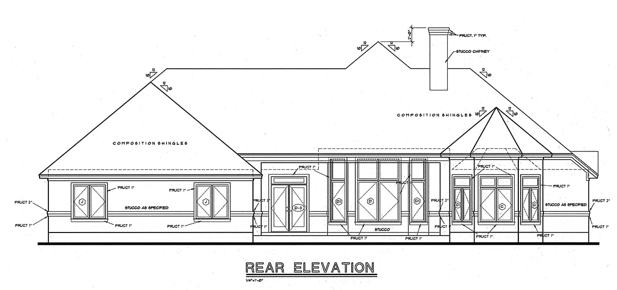 European, Victorian Plan with 2517 Sq. Ft., 3 Bedrooms, 3 Bathrooms, 2 Car Garage Rear Elevation