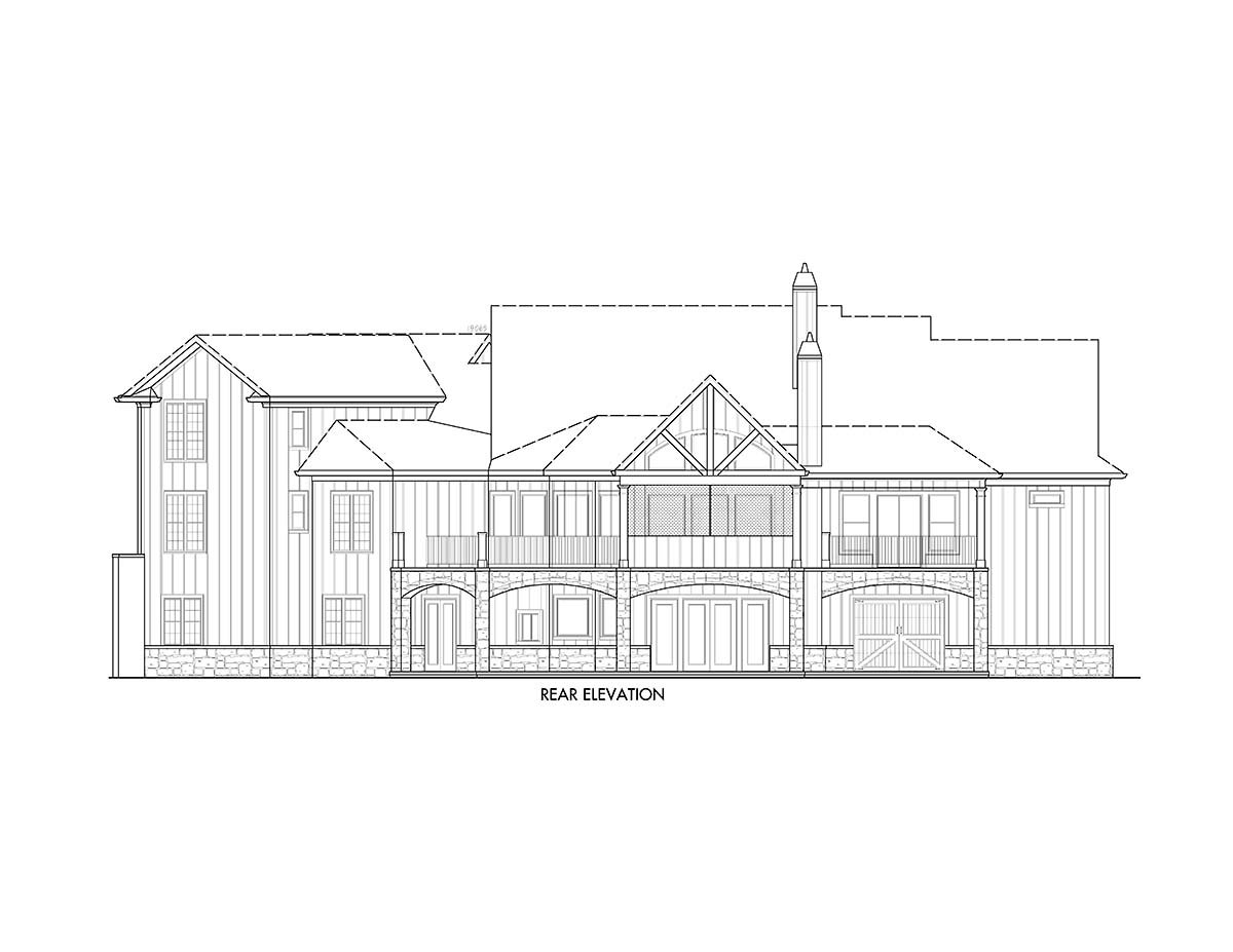 Cottage, Country, Craftsman, New American Style, Southern Plan with 4851 Sq. Ft., 5 Bedrooms, 6 Bathrooms, 3 Car Garage Rear Elevation