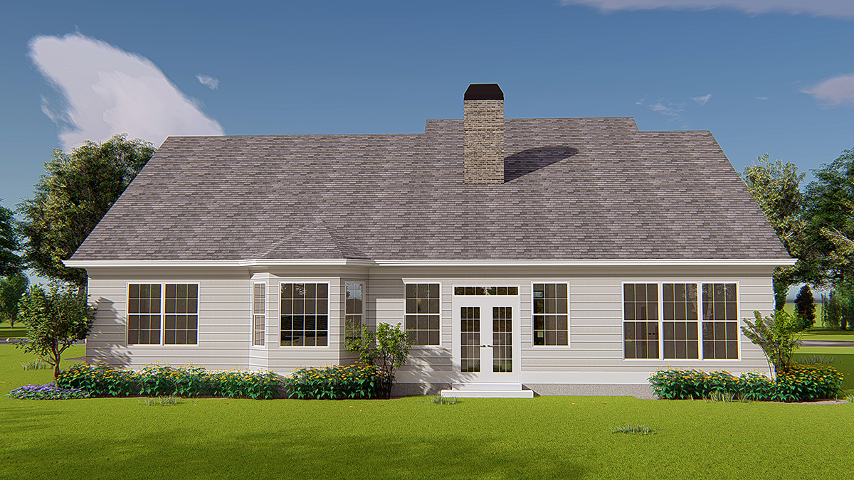 Cottage, Ranch, Traditional Plan with 2237 Sq. Ft., 3 Bedrooms, 2 Bathrooms, 2 Car Garage Rear Elevation