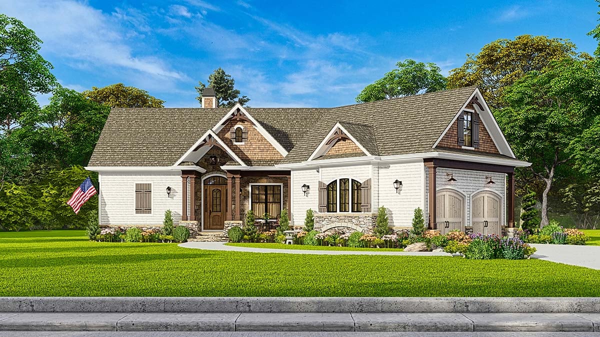 Craftsman, New American Style, One-Story, Ranch Plan with 1561 Sq. Ft., 3 Bedrooms, 2 Bathrooms, 2 Car Garage Elevation
