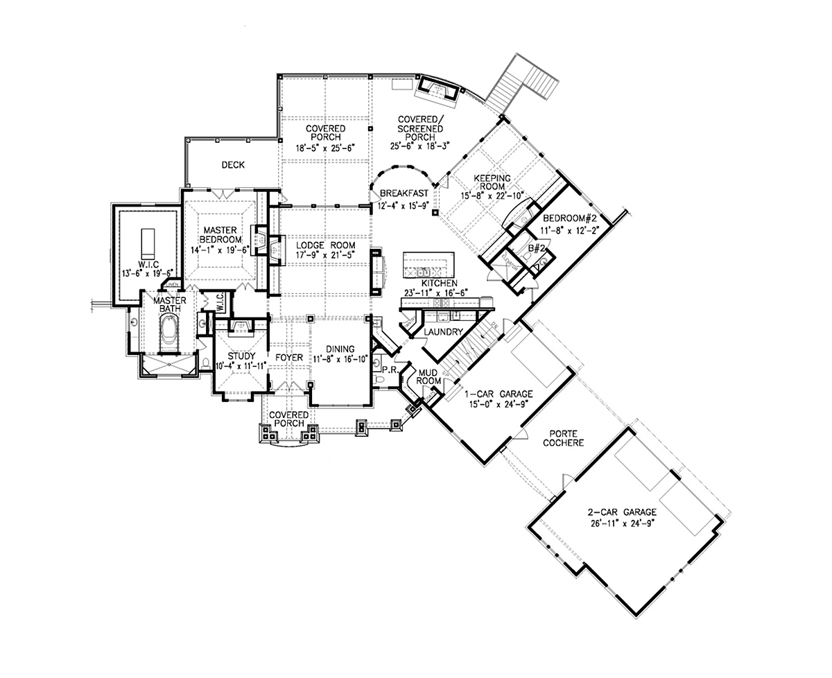 Craftsman New American Style Ranch Tuscan Level One of Plan 97680