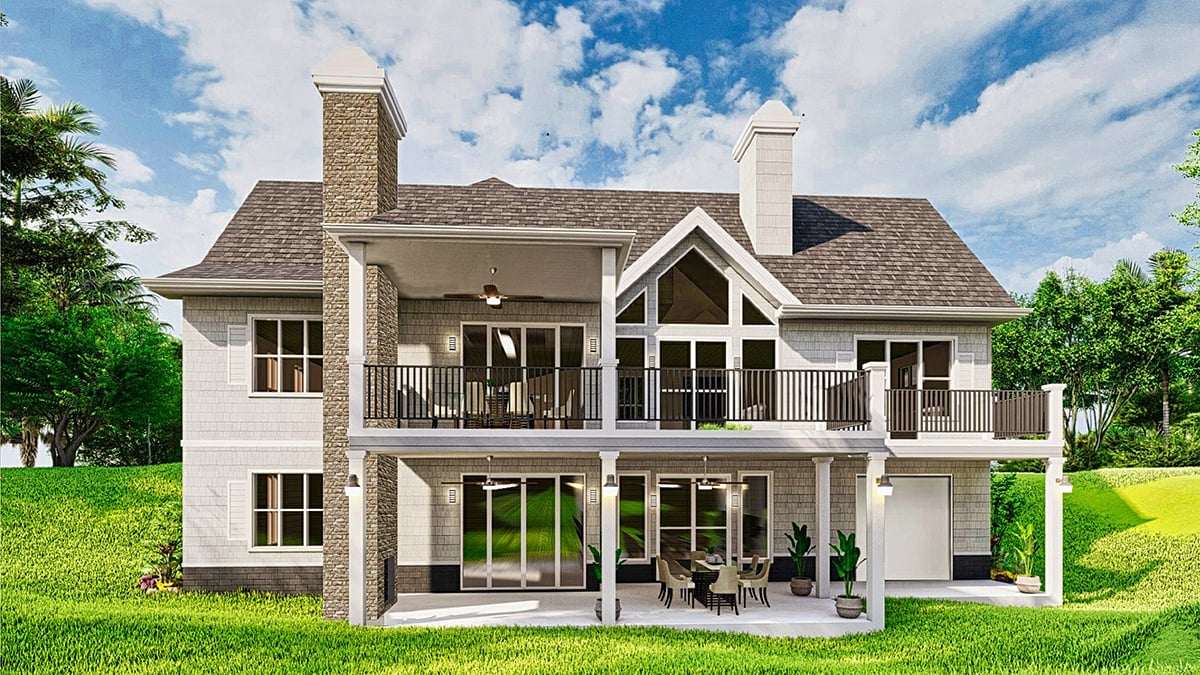 Cottage, Craftsman, New American Style, One-Story Plan with 1459 Sq. Ft., 3 Bedrooms, 2 Bathrooms, 2 Car Garage Rear Elevation