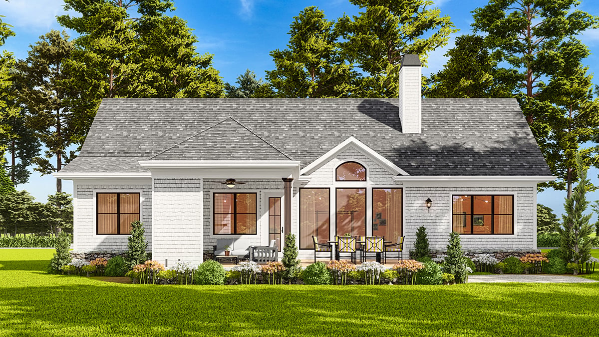 Country, Farmhouse, New American Style, One-Story, Southern Plan with 1338 Sq. Ft., 3 Bedrooms, 2 Bathrooms, 2 Car Garage Rear Elevation