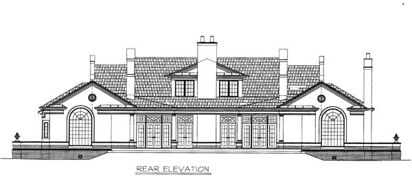Colonial, European, One-Story Plan with 3820 Sq. Ft., 3 Bedrooms, 4 Bathrooms, 3 Car Garage Rear Elevation