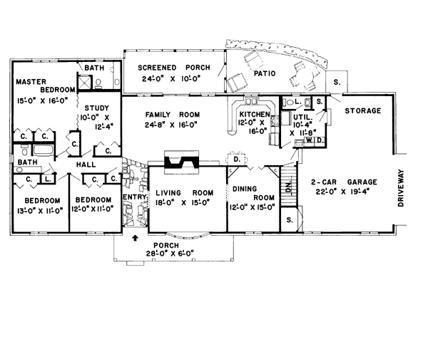 Colonial One-Story Ranch Retro Traditional Level One of Plan 9850