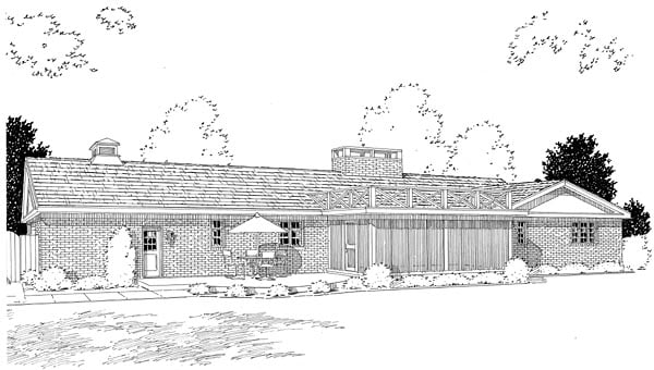 Colonial One-Story Ranch Retro Traditional Rear Elevation of Plan 9850