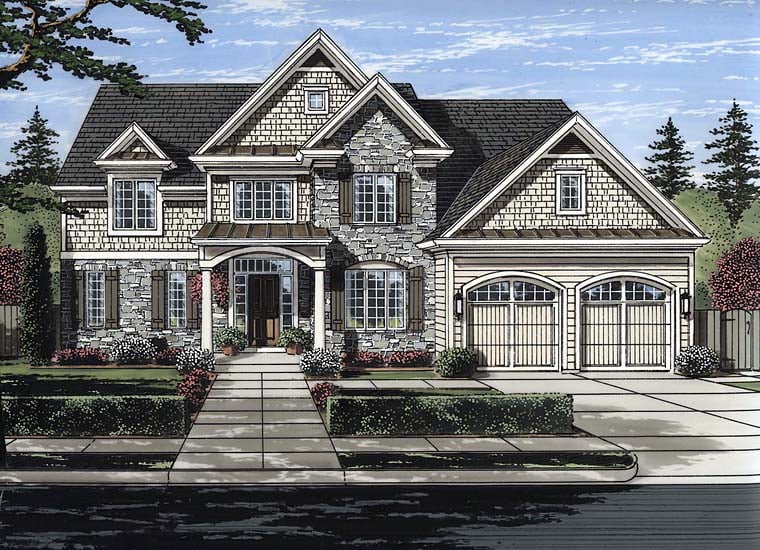Country, European, Traditional Plan with 3113 Sq. Ft., 4 Bedrooms, 4 Bathrooms, 2 Car Garage Elevation