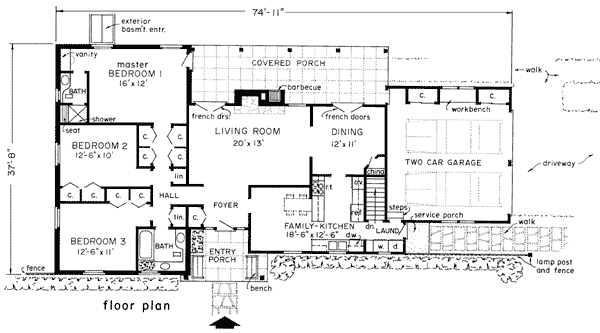 Bungalow One-Story Ranch Level One of Plan 99030