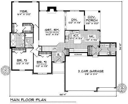 European One-Story Ranch Level One of Plan 99154