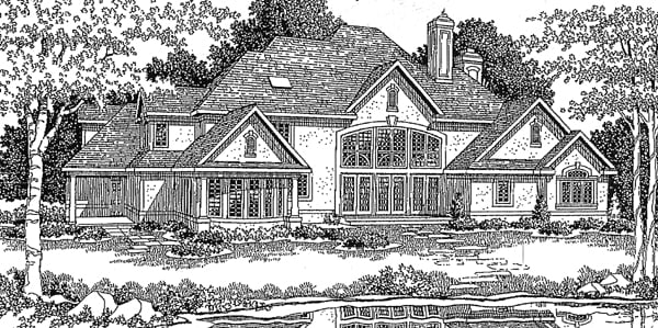 European, Tudor Plan with 5185 Sq. Ft., 4 Bedrooms, 5 Bathrooms, 3 Car Garage Rear Elevation